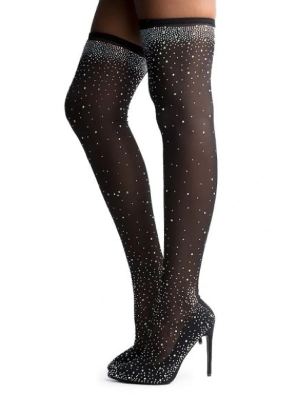 Liliana Black Rhinestone Thigh-High Sheer Stocking Heels - Size 9